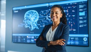 Freelance et IA - Femme freelance heureuse de se servir de l'IA.